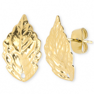 Appr&ecirc;ts en acier Inox boucles d'oreilles / puces d&rsquo;oreilles feuille avec anneau Dor&eacute;