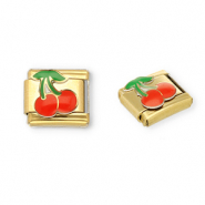 Appr&ecirc;ts en acier inox breloques pour bracelet italien cerises Dor&eacute;-rouge-vert