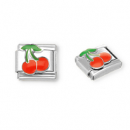 Appr&ecirc;ts en acier inox breloques pour bracelet italien cerises Argent&eacute;-rouge-vert