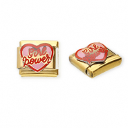 Appr&ecirc;ts en acier inox breloques pour bracelet italien c&oelig;ur "Girl power" Dor&eacute;-rose-rouge