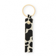 Porte-cl&eacute;s en cuir avec imprim&eacute; vache Blanc-noir-dor&eacute;