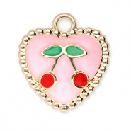Breloques en m&eacute;tal coeur avec cerises Dor&eacute;-rose clair-rouge-vert