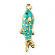 Breloques en acier Inox &eacute;maill&eacute;e poisson Dor&eacute;-Turquoise vert