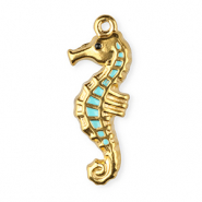 Breloques en acier Inox &eacute;maill&eacute;e hippocampe Dor&eacute;-bleu clair