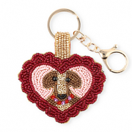 Porte-cl&eacute;s c&oelig;ur avec chien Dor&eacute;-rouge fonc&eacute; doublure argent&eacute;-rose clair-marron