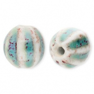 Perles en céramique 11 mm avec rayées Bleu sarcelle-blanc cassé-port rouge