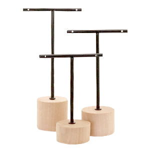 Pr&eacute;sentoir bijoux en forme de T avec pied en bois pour boucles d'oreilles (3 pcs) Naturel (couleur naturelle du bois)-noir