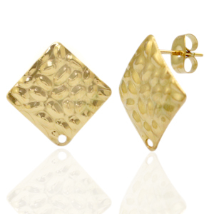 Boucles d'oreilles en acier Inox/puces d&rsquo;oreilles martel&eacute;es carr&eacute; avec anneau Dor&eacute;