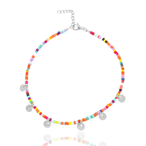 Cha&icirc;nes de cheville en acier inox rocailles et m&eacute;daillons ronds Argent&eacute;-multicolore