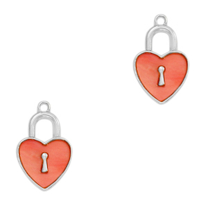 Pendentifs en r&eacute;sine fermoir coeur Argent&eacute;-rouge corail