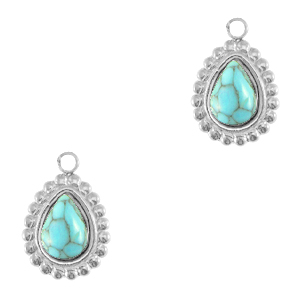 Breloques en acier Inox goutte avec pierre naturelle Argent&eacute;-turquoise