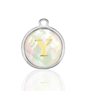 Breloques en acier Inox nacre rond 12mm lettre Y Blanc (couleur naturelle)-argent&eacute;