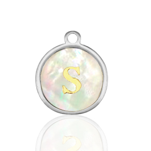 Breloques en acier Inox nacre rond 12mm lettre S Blanc (couleur naturelle)-argent&eacute;
