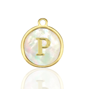 Breloques en acier Inox nacre rond 12mm lettre P Blanc (couleur naturelle)-dor&eacute;