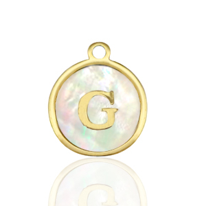 Breloques en acier Inox nacre rond 12mm lettre G Blanc (couleur naturelle)-dor&eacute;