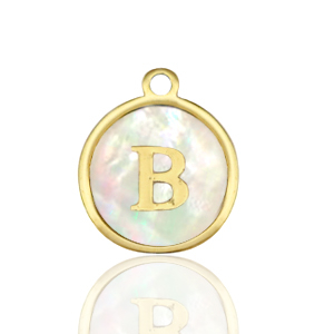 Breloques en acier Inox nacre rond 12mm lettre B Blanc (couleur naturelle)-dor&eacute;