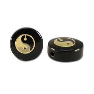 Perles en verre rondelles Yin & Yang Noir-dor&eacute;