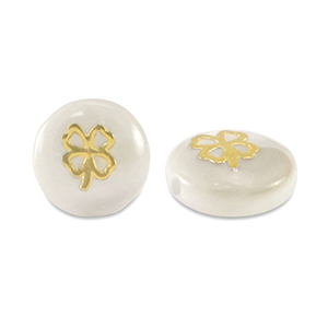Perles en verre rondelles effet nacr&eacute; tr&egrave;fle Blanc-dor&eacute;
