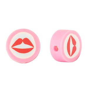 Perles en polym&egrave;re kiss 10mm Rose-blanc rouge