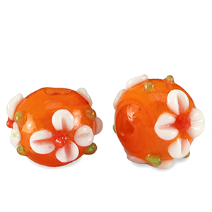 Perles en verre peintes &agrave; la main fleur Orange-blanc