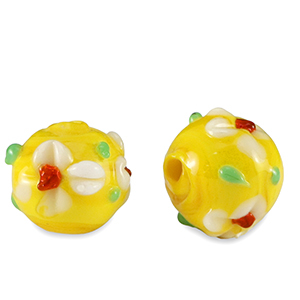 Perles en verre peintes &agrave; la main fleur Jaune-blanc