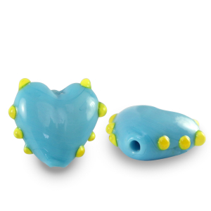 Perles en verre peintes &agrave; la main c&oelig;ur pois Bleu cyan-jaune