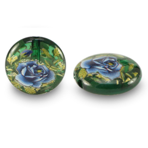 Perles en verre 14mm fleur Vert transparent-bleu