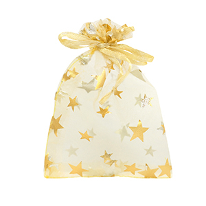 Sachet &agrave; bijoux en organza 9x12cm &eacute;toile Jaune dor&eacute;-dor&eacute;