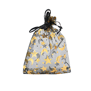 Sachet &agrave; bijoux en organza 7x9cm lune et &eacute;toile Noir-dor&eacute;