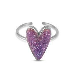 Bagues en acier inox &eacute;maill&eacute;es coeur paillet&eacute; Violet-Argent&eacute;