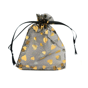 Sachet &agrave; bijoux en organza 7x9cm coeur Noir-dor&eacute;