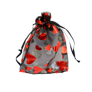 Sachet &agrave; bijoux en organza 7x9cm coeur Noir-rouge