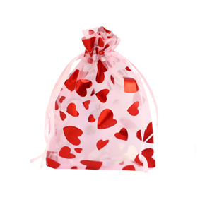 Sachet &agrave; bijoux en organza 7x9cm coeur Rose clair-rouge