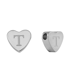 Perles en acier Inox coeur lettre T Argent&eacute;