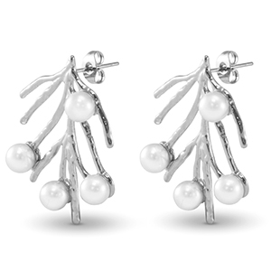 Boucles d'oreilles / puces en acier Inox algue imitations perles Argent&eacute;