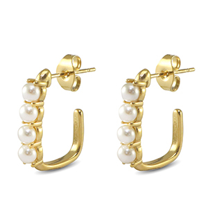 Boucles d'oreilles / puces en acier Inox carr&eacute;e imitations perles Dor&eacute;