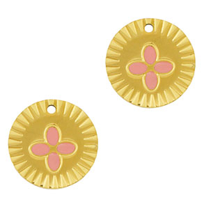 Breloques en acier Inox rond fleur Dor&eacute;-rose