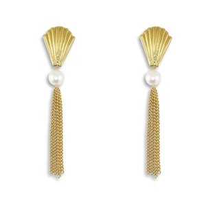 Boucles d'oreilles / puces en acier Inox coquille avec imitations perles Dor&eacute;