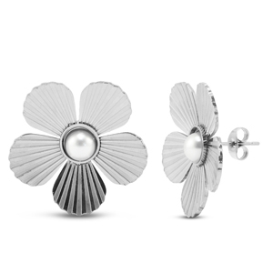 Boucles d'oreilles / puces en acier Inox fleur avec imitations perles Argent&eacute;