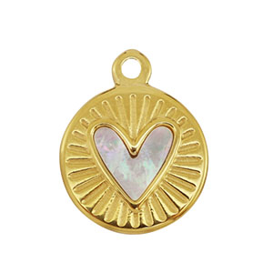 Breloque en acier Inox coquille rond avec coeur Dor&eacute;-blanc (couleur naturelle)