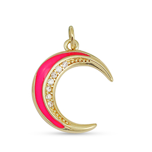 M&eacute;tal TQ laiton breloques zirconium lune Dor&eacute;-rose fuchsia