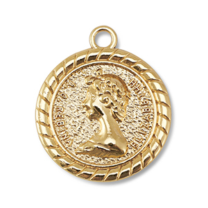 Breloques en m&eacute;tal rond avec la Reine Elizabeth Dor&eacute;