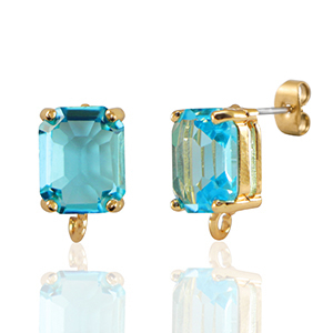 Boucles d&rsquo;oreilles / puces d&rsquo;oreilles en verre Crystal Glass avec anneau rectangle Bleu-dor&eacute;