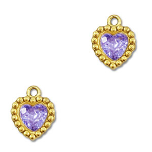 Breloques en acier Inox zirconium coeur Dor&eacute;-violet