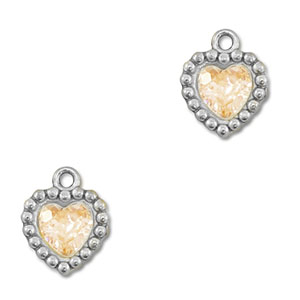 Breloques en acier Inox zirconium coeur Argent&eacute;-orange clair