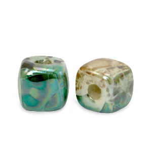 Perles en c&eacute;ramique DQ grecque carr&eacute; 8mm Vert paon-beige marron