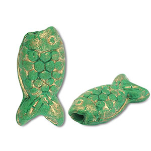 Perles en c&eacute;ramique DQ grecque poisson Vert-dor&eacute;