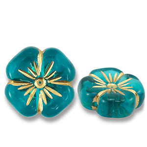 Perles acryliques fleur Bleu sarcelle-dor&eacute;