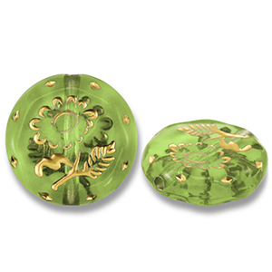 Perles acryliques rond avec fleur Vert olive-dor&eacute;