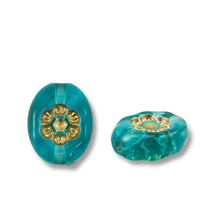 Perles acryliques ovale avec fleur Bleu sarcelle-dor&eacute;